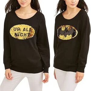 Batman Black/Gold Reversible Sequin UP ALL NIGHT/LOGO Crew Neck Sweater - Medium